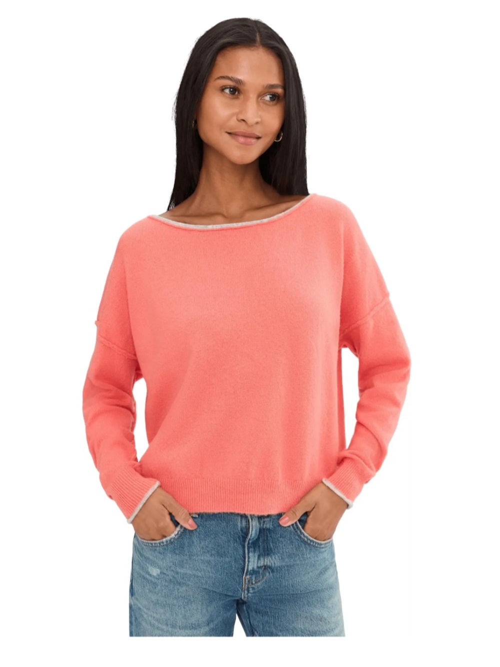 Free People Coral Cashmere Scoopneck Sweater with Gray Trim